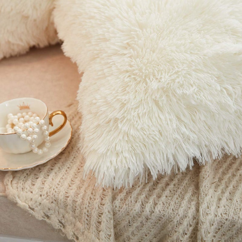 JAUXIO Long Faux Fur Soft Soild Decorative Pillowcase Oblong Fluffy Throw Pillow Cover Velvet Shaggy Plush Cushion Case Set of 2 Zipper Closure King Size (20X36 Inches Cream) - Image 4